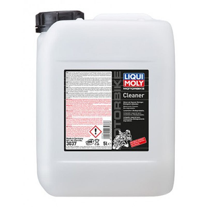 Liqui Moly Motorcykel & Cykel Cleaner 5L i en vit plastbehållare med svart lock, idealisk för rengöring av motorcyklar och cyklar.