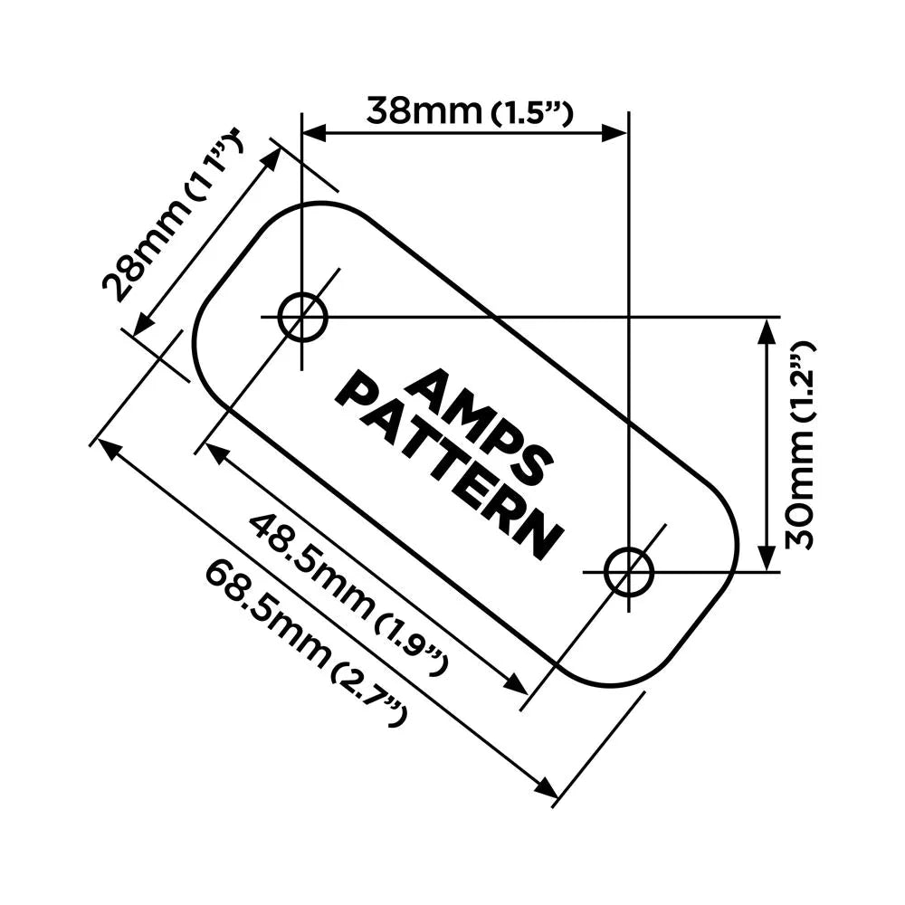 Måttdiagram för QuadLock 360 Base rektangulär modell, visar AMPS-mönster och exakta dimensioner.